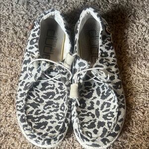 Hey Dude Black and White Moccasins Leopard Print